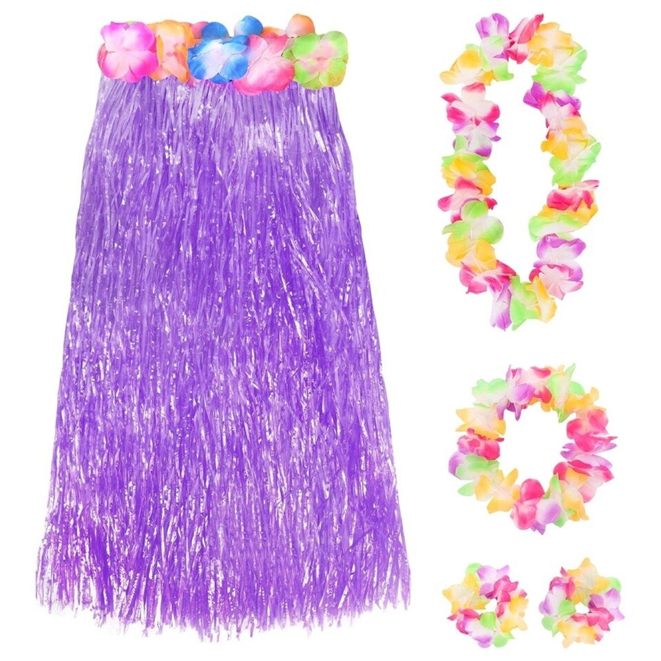 image 1 of Pack of 3 80cm Hawaiian Long Purple Hula Skirt & Lei Purple | One Size