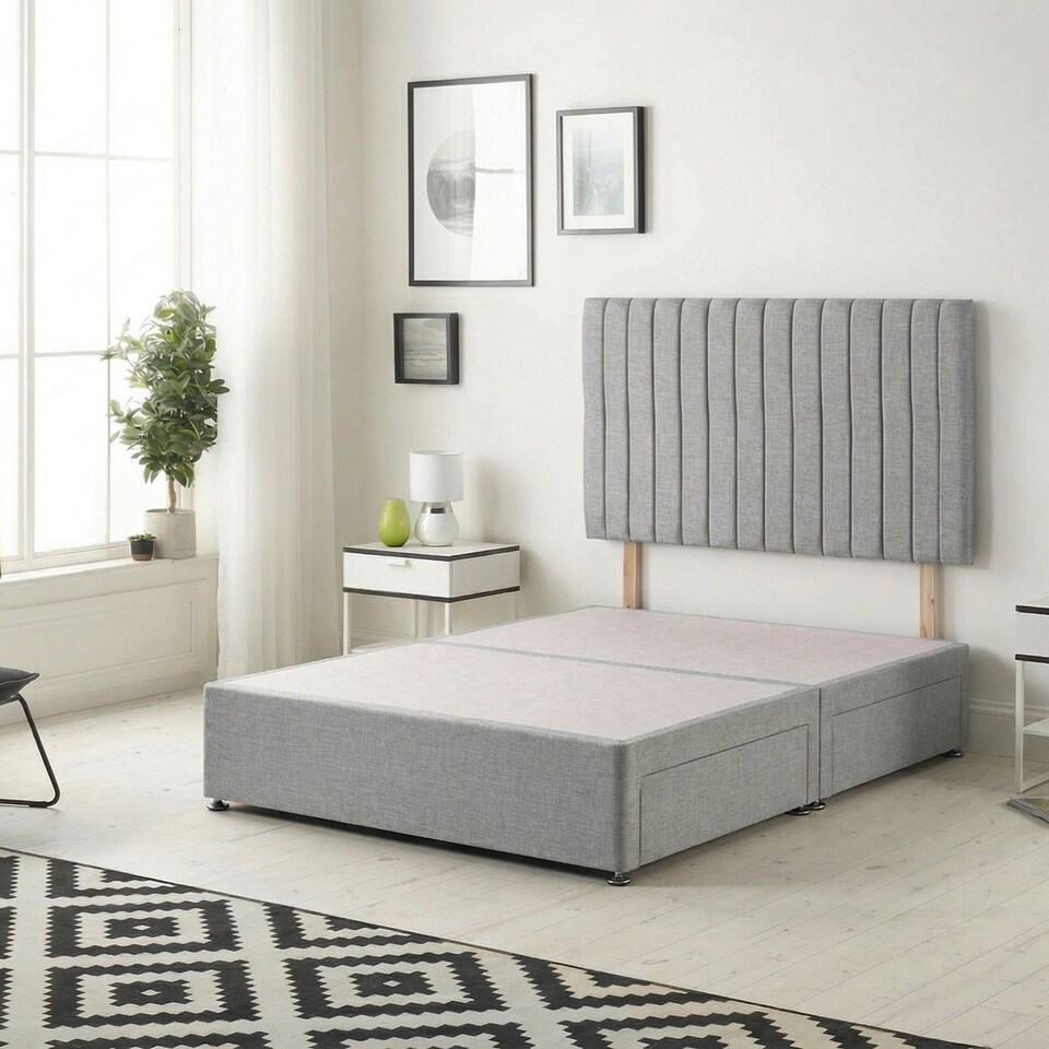 image 1 of Texas Divan Bed Base with 2 Drawers & 30 Inch Headboard Linen Fabric | Silver | Silver