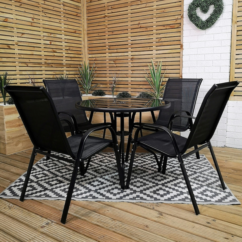 image 1 of Outdoor 4 Person Round Glass Top Garden Patio Dining Table Chairs Set