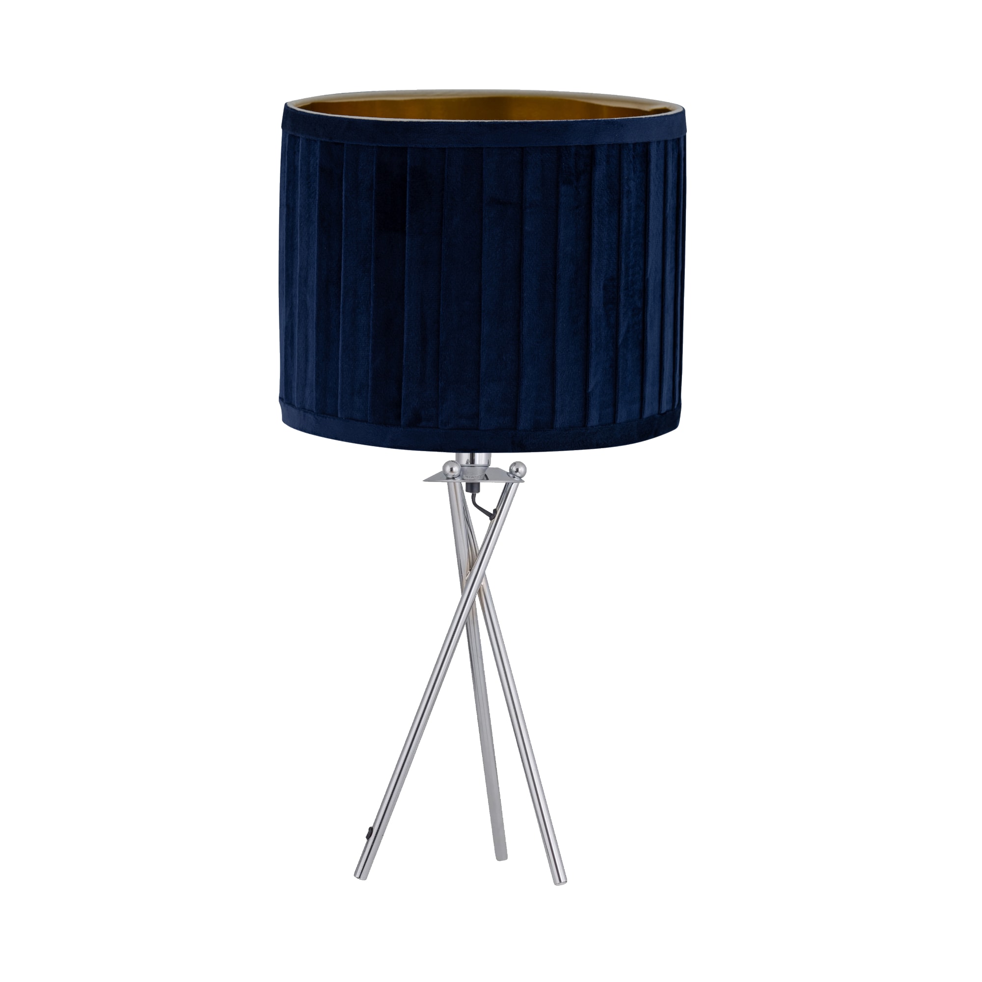 First Choice Lighting Sundance - Chrome Tripod Table Lamp Navy Blue Pleated Velvet Shade