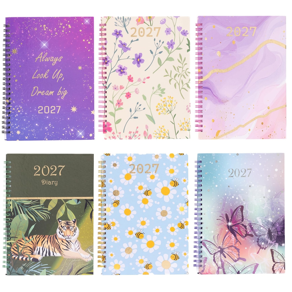 image 1 of 2027 Diary A5 Week to View - Spiral Bound Hardback Wiro Planner, January to December 2027 - Weekly Organiser with Durable Cover (Marble)
