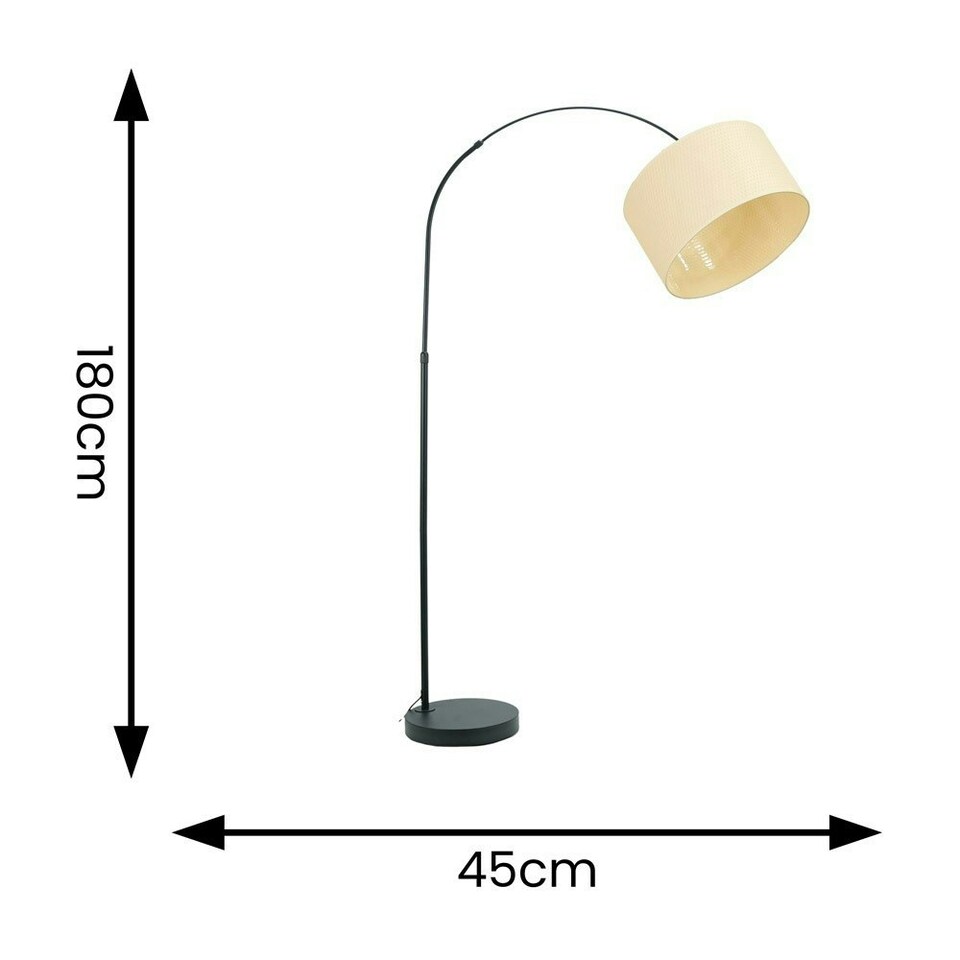 image 1 of ValueLights Louis Black Arched Curved Floor Lamp with Natural Wicker Drum Lamp Shade
