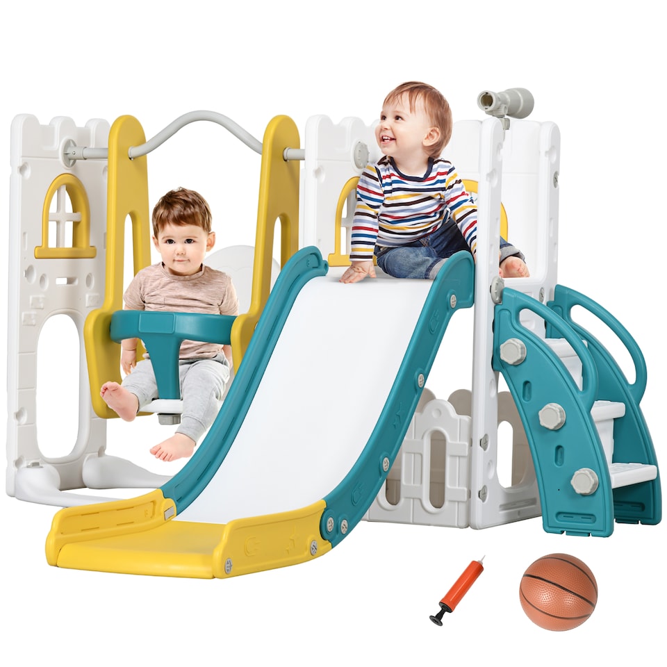 image 1 of AIYAPLAY 6-in-1 Toddler Climber and Set w Basketball Hoop, Telescope Yellow