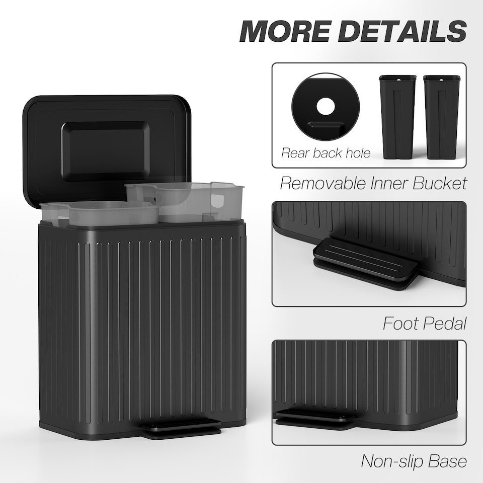 image 1 of HOMCOM Dual Kitchen Bin, 2 x 20L Double Bin for Recycling and Waste, Fingerprint-proof Pedal Bin with Soft-Close Lid, Removable Inner Buckets, Black | Black | 1