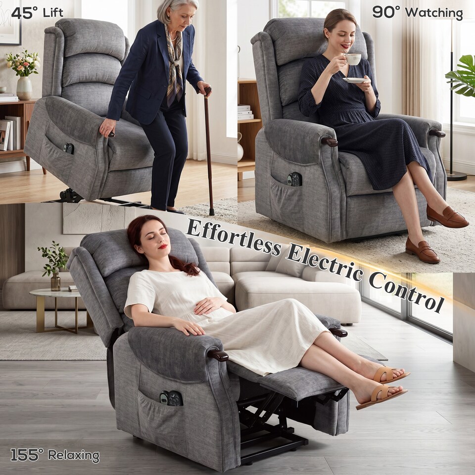 image 1 of HOMCOM Power Lift Recliner Chair with Vibration and Heat, Wood Grip