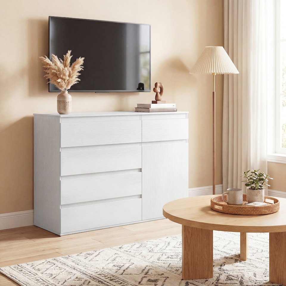image 1 of HOMCOM Sideboard Storage Cabinet, Kitchen Cupboard with 5 Drawers | White | White embossed