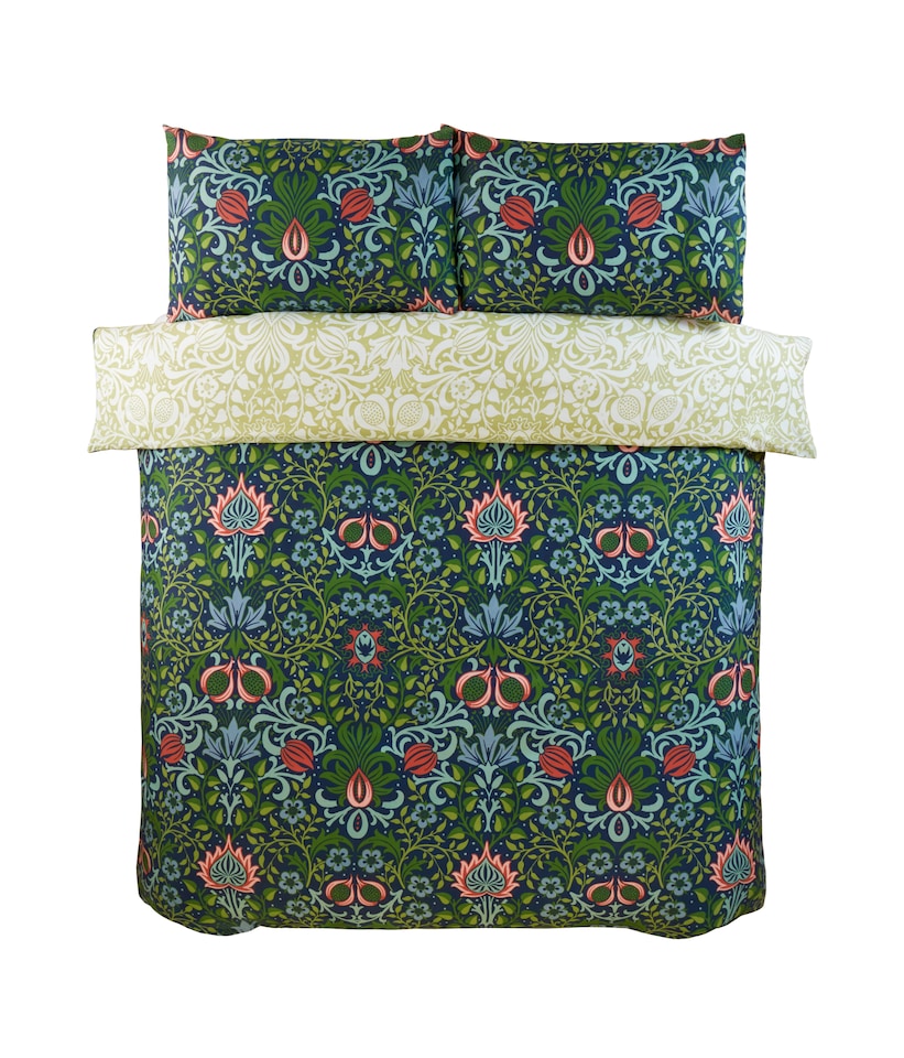 image 1 of Heritage Flora Microfibre Reversible Duvet Cover Set with Pillowcase | Blue | Double