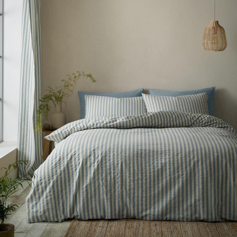 image 1 of Pineapple Elephant Cotton Rich Woven Stripe Duvet Cover Set | Blue | Super King