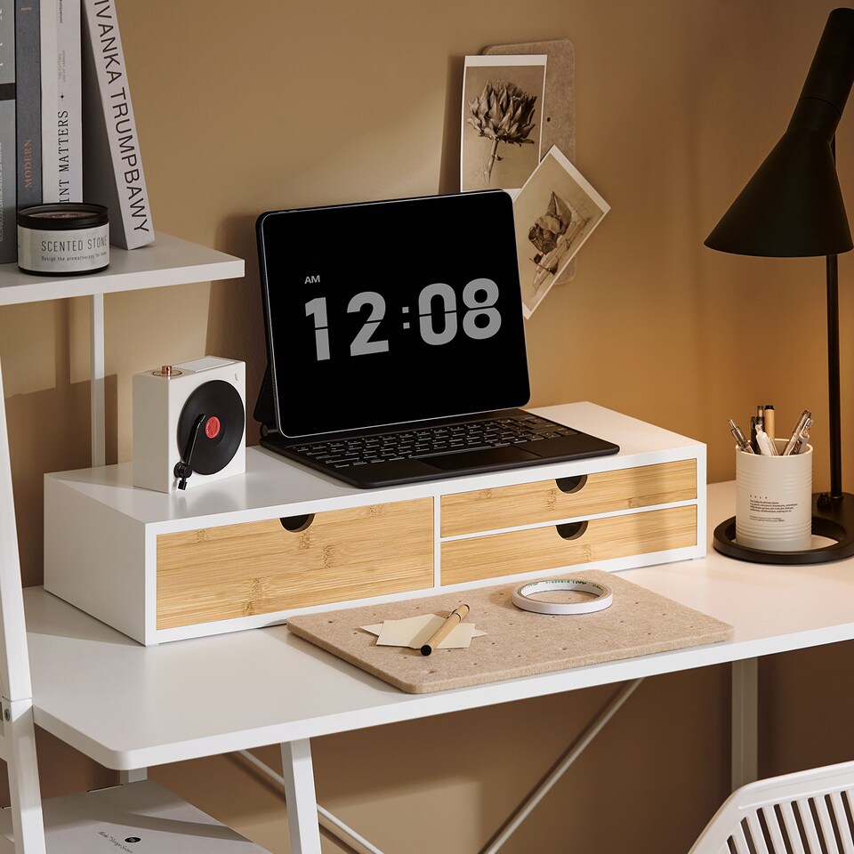 image 1 of SoBuy Monitor Stand with 3 Bamboo Drawers, White, 23.6x8.7x4.3 inches, 4.65 kg - BBF11-WN