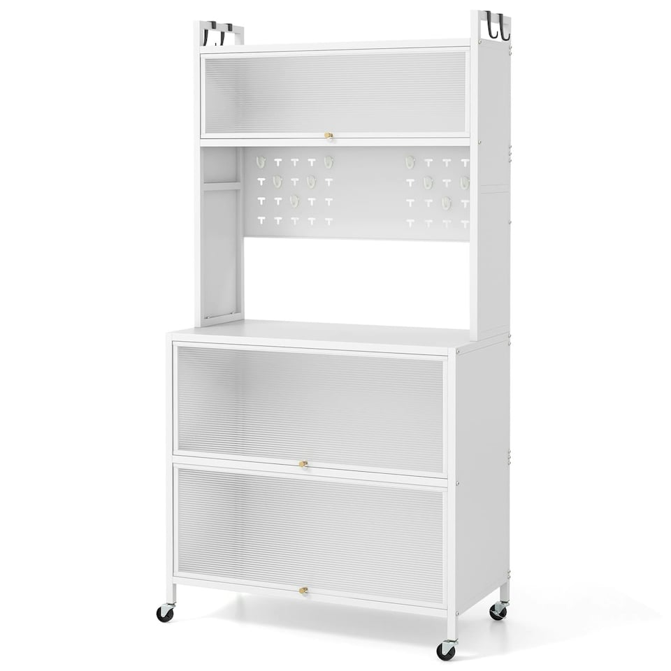 image 1 of COSTWAY 5 Tier Kitchen Cupboard Bakers Rack Microwave Stand White Black