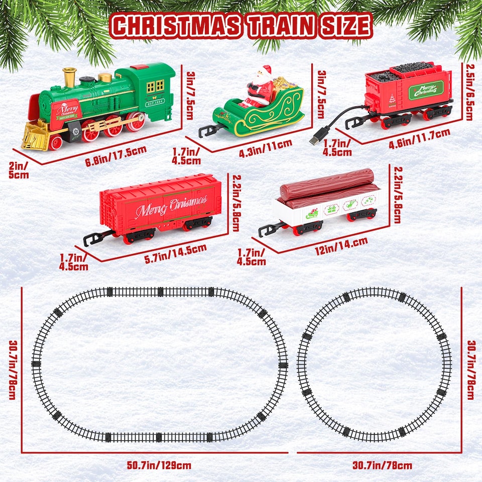 image 1 of Christmas Train Set with Steam, Lights & Music – Electric Holiday Toy Train with Realistic Smoke, 1 Locomotive + 4 Carriages + 12 Tracks