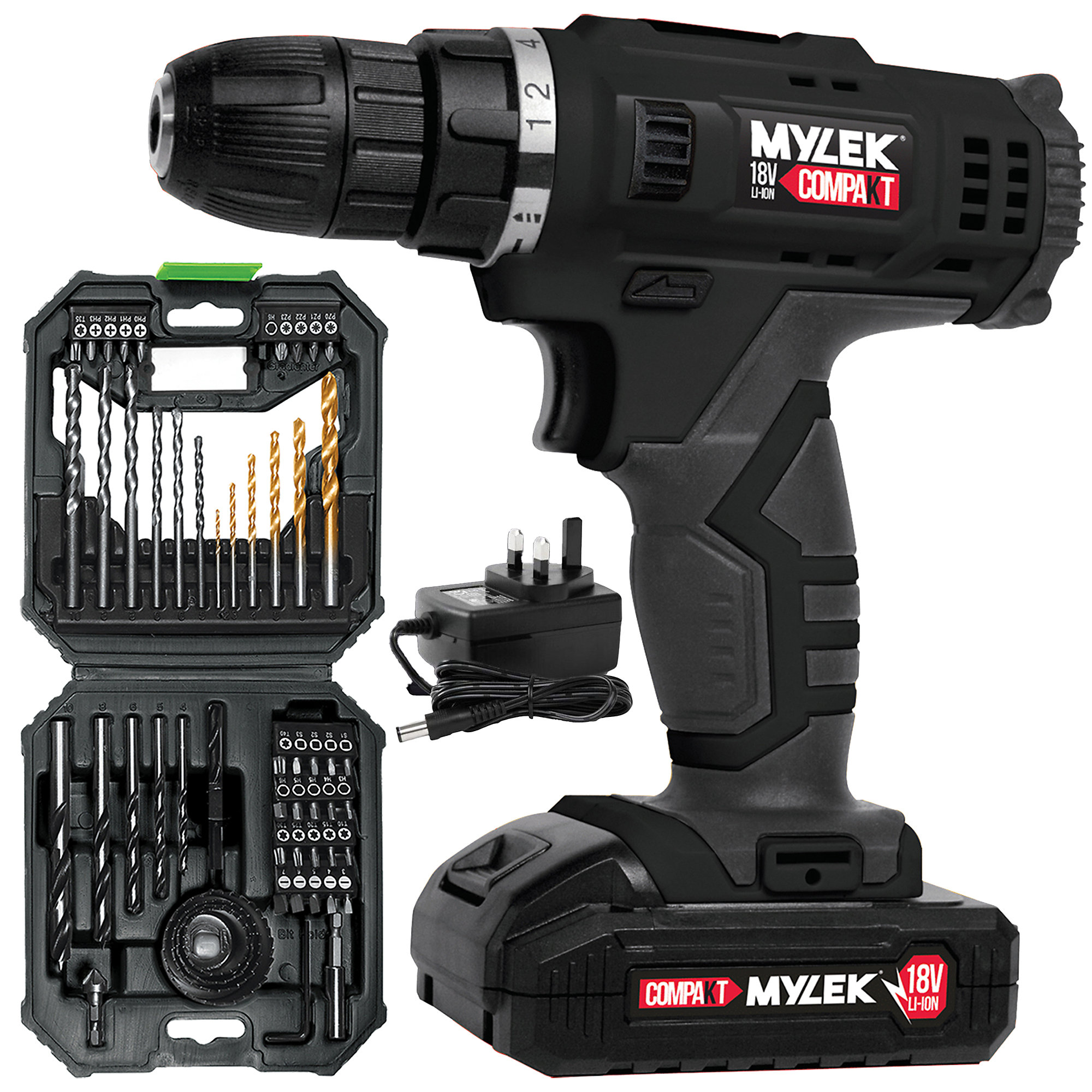 MYLEK Cordless Drill MYW09 with 56-Piece Accessory Kit in Black
