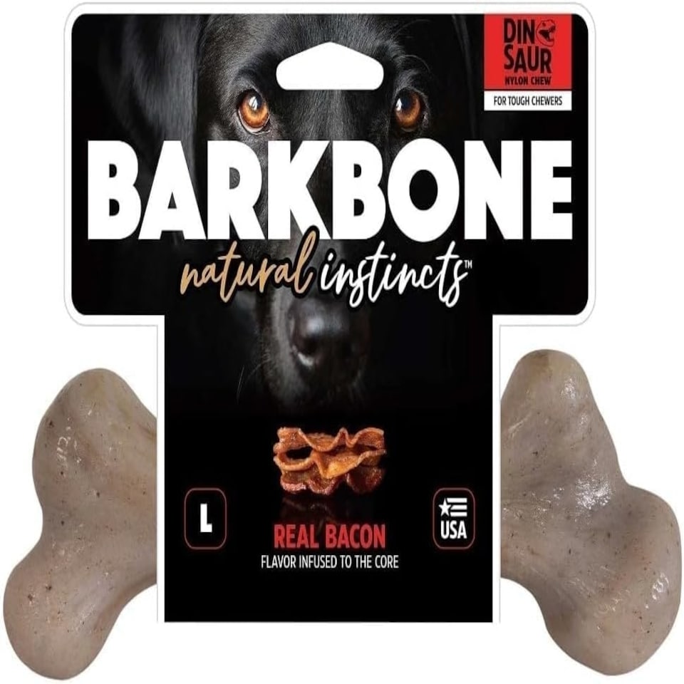 image 1 of Pet Qwerks Dinosaur BarkBone - Nylon Dog Bone for Aggressive Chewers - Bacon Flavor - 6.5"