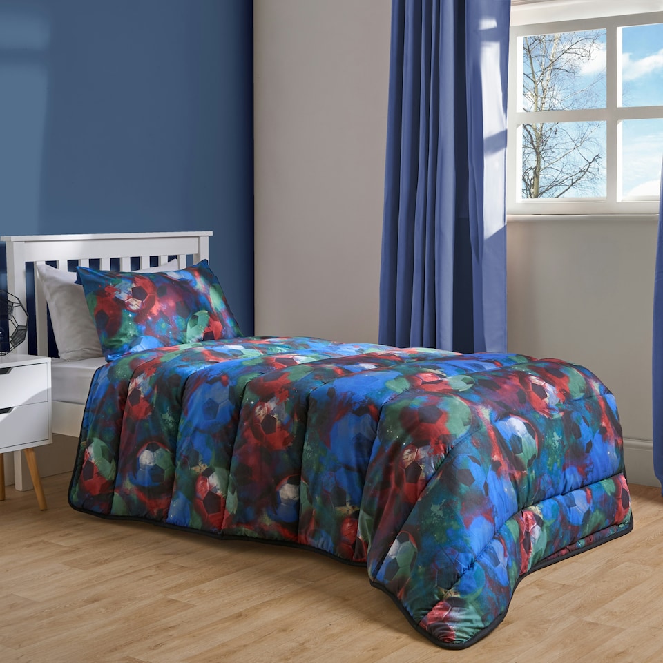image 1 of OHS Reversible Coverless 10.5 Tog Soft Plush All Year Round Duvet Cover and Pillowcase Bedding Set Multi | Neon Multi Football | Single
