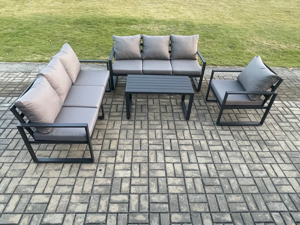 image 1 of Fimous Aluminium 7 Seater Garden Furniture Outdoor Patio Sofa Set with Rectangular Coffee Table Armchair Dark Grey