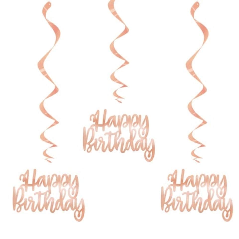 Rose Gold Foil Happy Birthday Script Hanging Swirl Decorations - Pack of 3