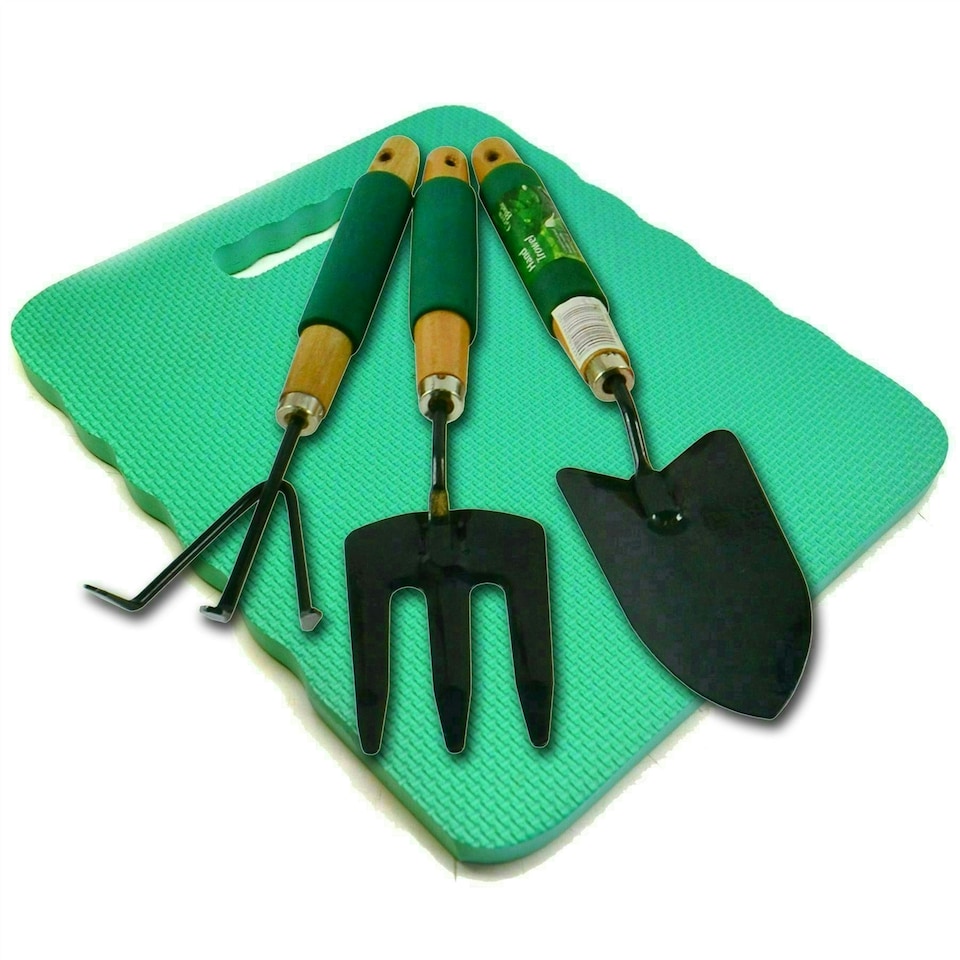 image 1 of Garden Gardening Hand Rake Spade Shovel Fork And Foam Kneeling Pad 4pc Set
