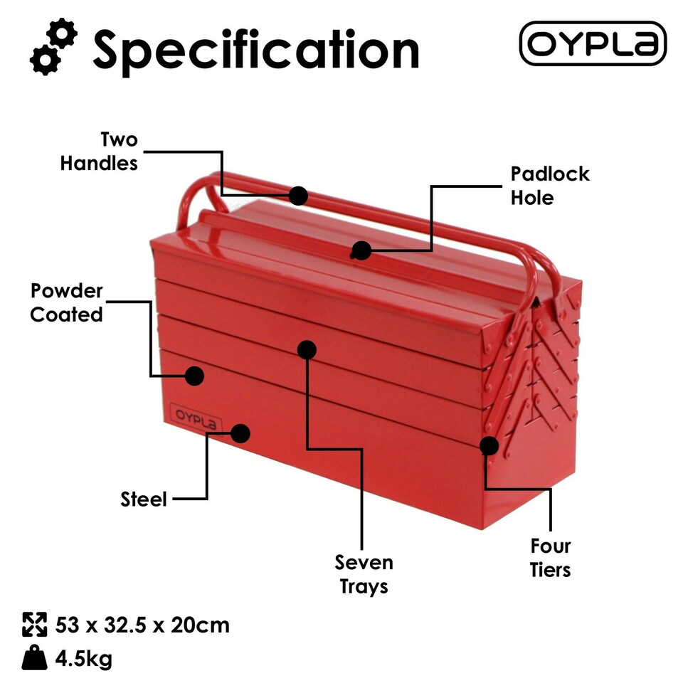 image 1 of Oypla 4 Tier 7 Tray Heavy Duty Metal Cantilever Tool Box 21" / 530mm Red