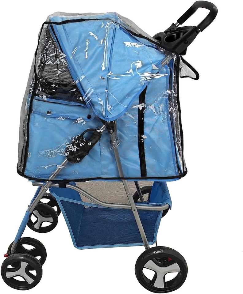 image 1 of Pet Stroller Dog Cat Puppy Pram Pushchair Travel Cart Jogging Buggy Carrier (Blue with Cover)