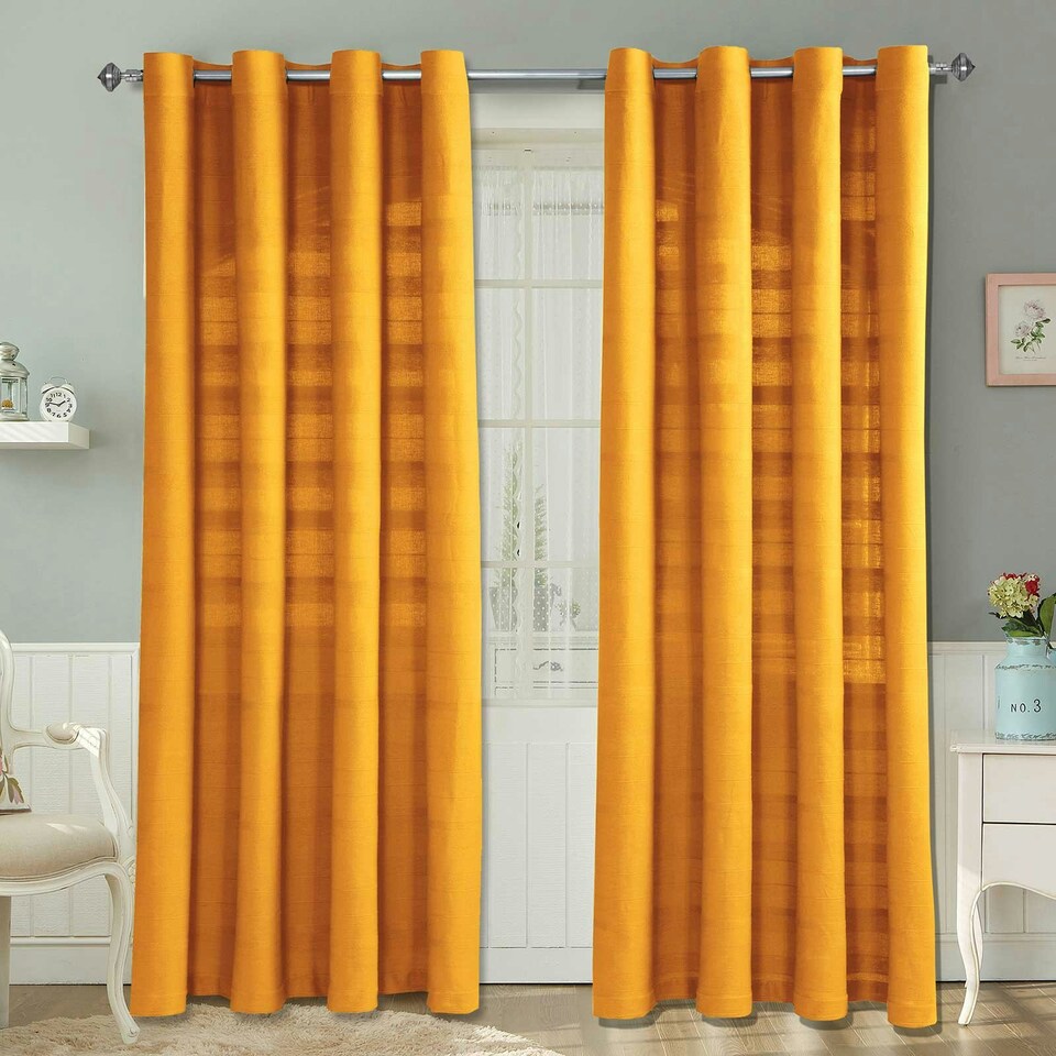 image 1 of Homescapes Cotton Rajput Ribbed Mustard Yellow Curtain Pair - 54 x 54" Yellow