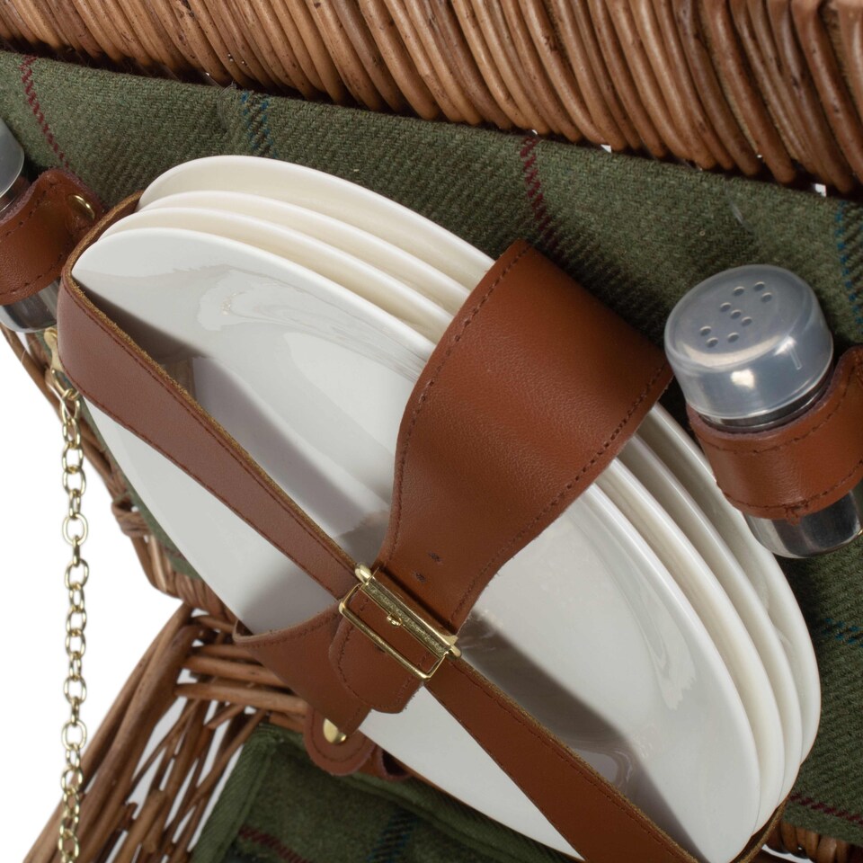image 1 of Elegant 4 Person Green Tweed Fitted Picnic Basket