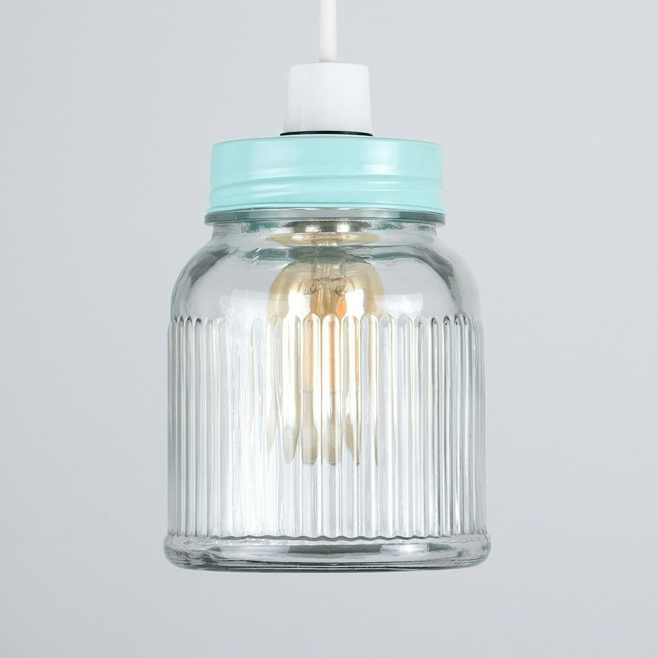image 1 of ValueLights Retro Style Duck Egg Blue and Clear Glass Ribbed Pattern Design Jar Ceiling Pendant Light Shade