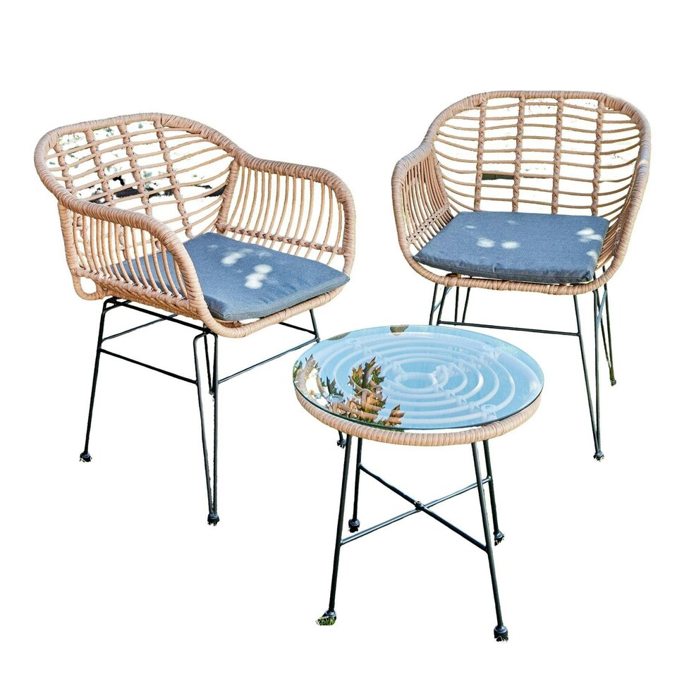 image 1 of Bistro Set Natural Wicker Frame Black Steel Leg Glass Tabletop Outdoor Furniture Brown