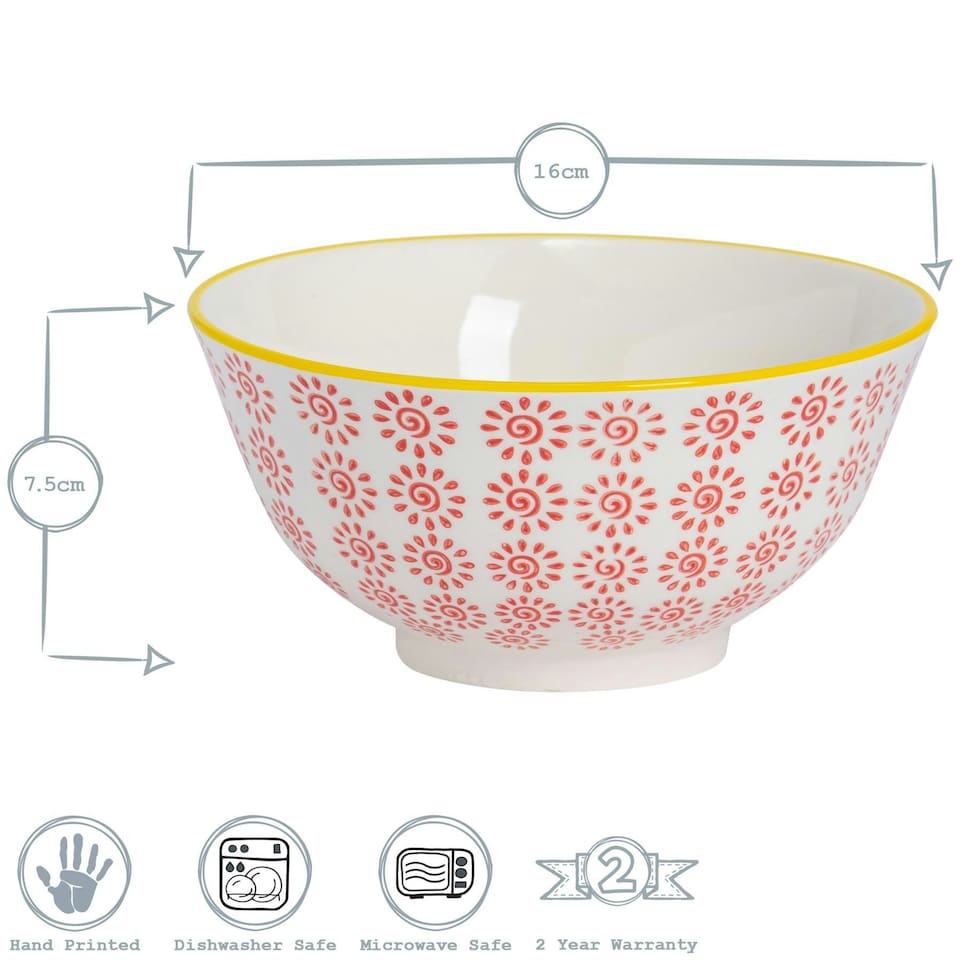 image 1 of Nicola Spring Hand-Printed Cereal Bowls - 16cm - Red - Pack of 6 Multi
