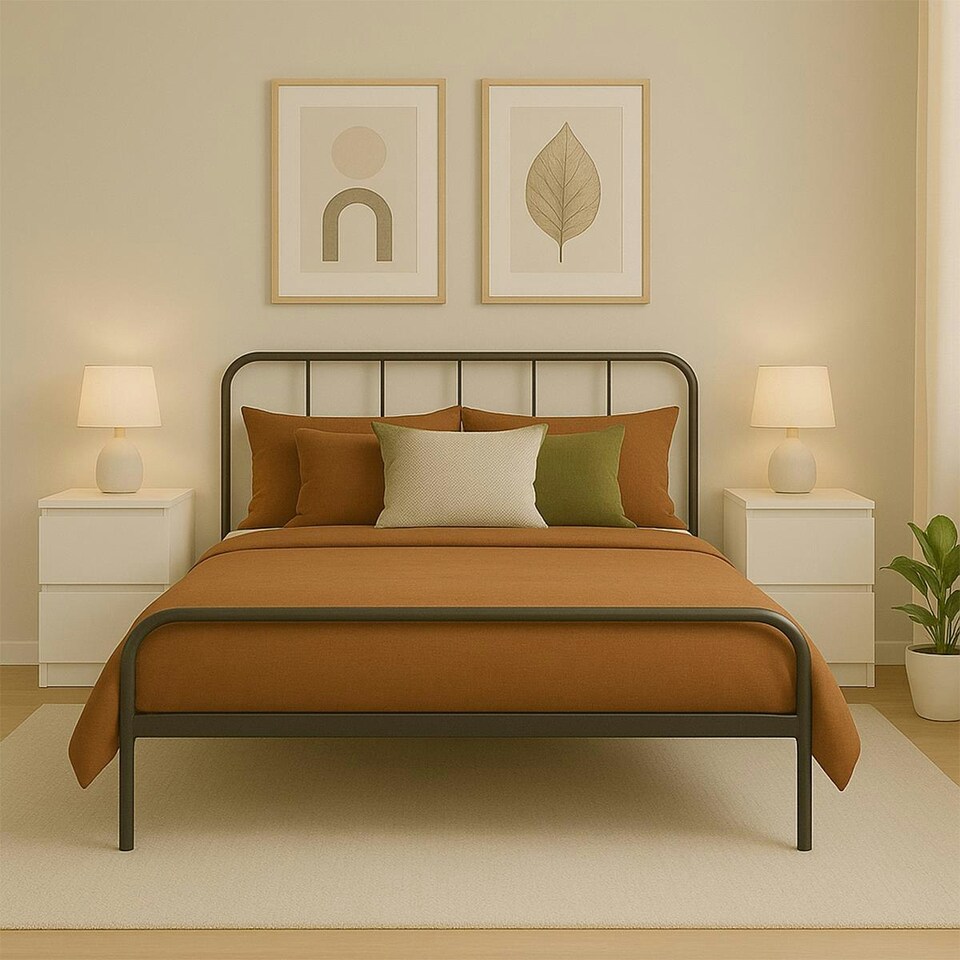 image 1 of Double Size Bed Frame Metal Rounded Headboard Easy Assembly Bed Base Storage