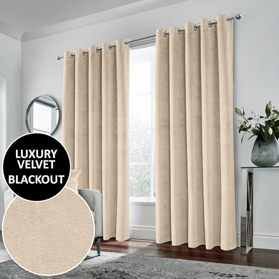 image 1 of Luxury Enhanced Living Cream Velvet, Supersoft, 100% Blackout, Thermal Pair of Curtains with Eyelet Top - 90 x 90 inch (229x229cm)