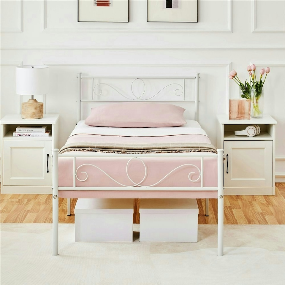 image 1 of Yaheetech 190 cm L × 90 cm W Metal Platform Bed with Scroll Design Headboard White