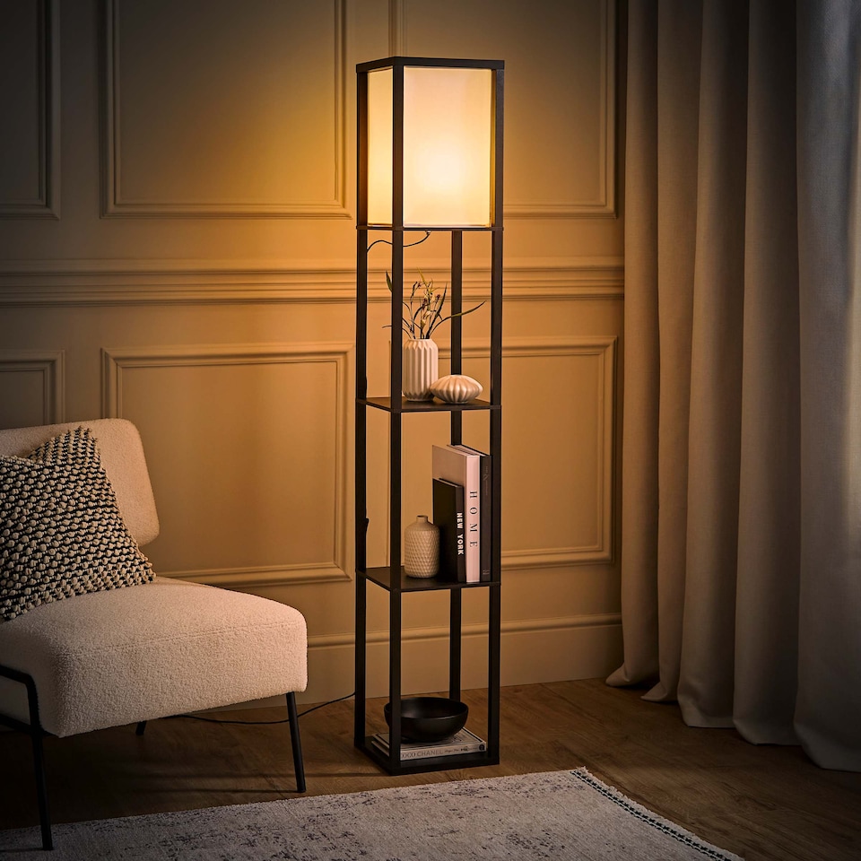 image 1 of ValueLights Struttura Black Shelving Floor Lamp Fabric Shade
