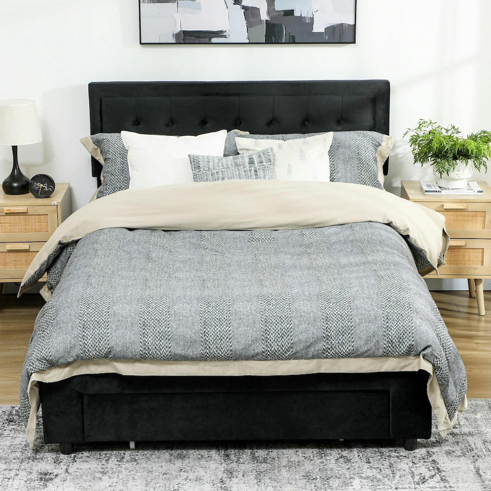 image 1 of HOMCOM King Size Bed Frame with Storage and Adjustable Headboard, Black
