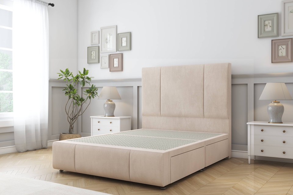 image 1 of Sloomy Lisbon Sand Naples Divan Bed Base No Drawers With 54 Inch Floor Standing Headboard & 12 Inch Matching Footboard | Cream | Sand | Single | 1