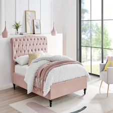 4ft6 Double Fabric upholstered, Pink,buttoned back,curved bed, scroll, chesterfield, frame,bedstead
