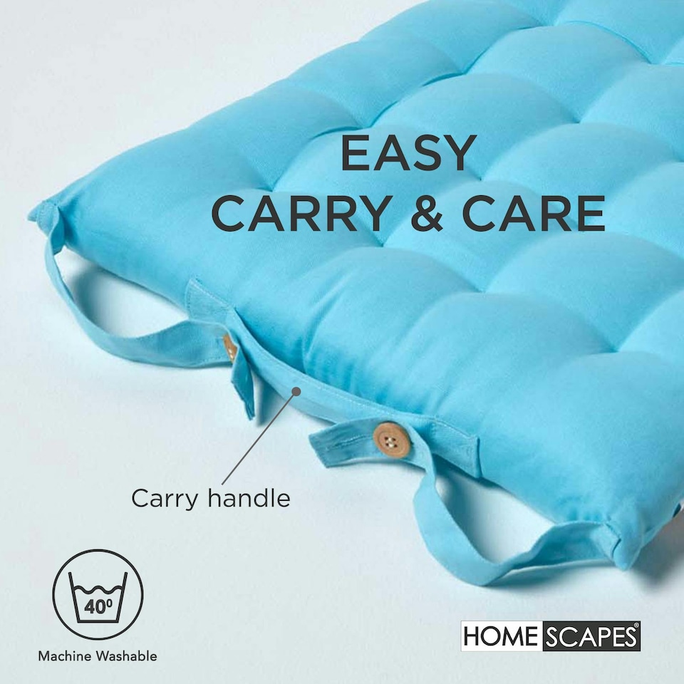 image 1 of Homescapes 4 x Seat Pads Luxury Cotton Indoor Outdoor Garden Dining Cushion Light | Blue | 40 x 40 cm | 4