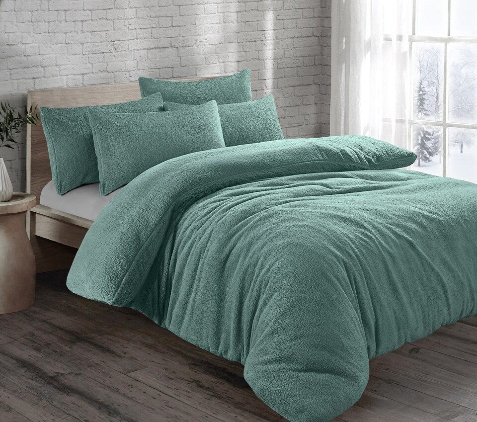 Homes Linen Teddy Fleece Teal Duvet Cover Set with Pillowcases Thermal Soft Warm Cosy Winter Bedding Set | Clear | Teal | Double