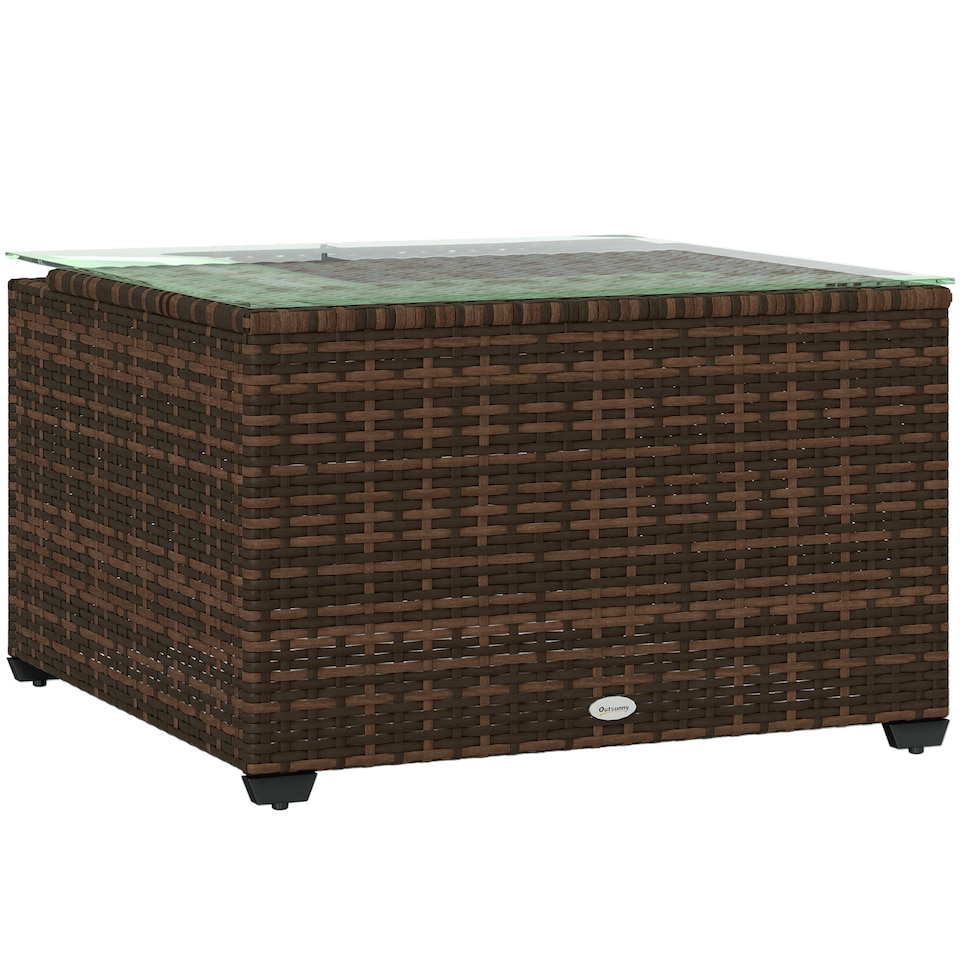 image 1 of Outsunny Outdoor Coffee Table with Glass Top, Rattan Side Table, Brown