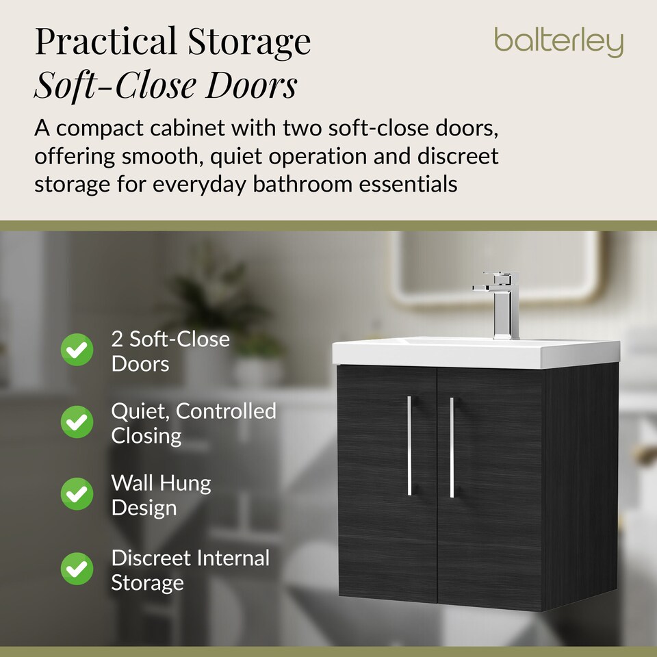 image 1 of Balterley Contemporary Bathroom Wall Hung 2 Soft-Close Door Vanity Unit & Mid-Edge Basin | Black | Charcoal Black