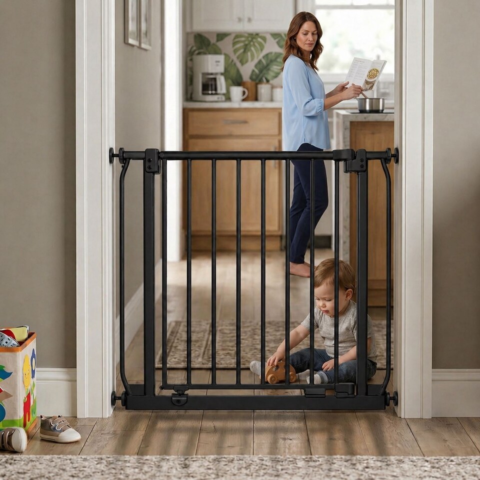 image 1 of Safetots Extra Tall Elite Safety Gate, 107cm - 116cm, Matt Black, Extra Tall 96.8cm in Height, Pressure Fit Stair Gate, Baby Gate for Doors Hallways and Spaces, Safety Barrier, Easy Installation