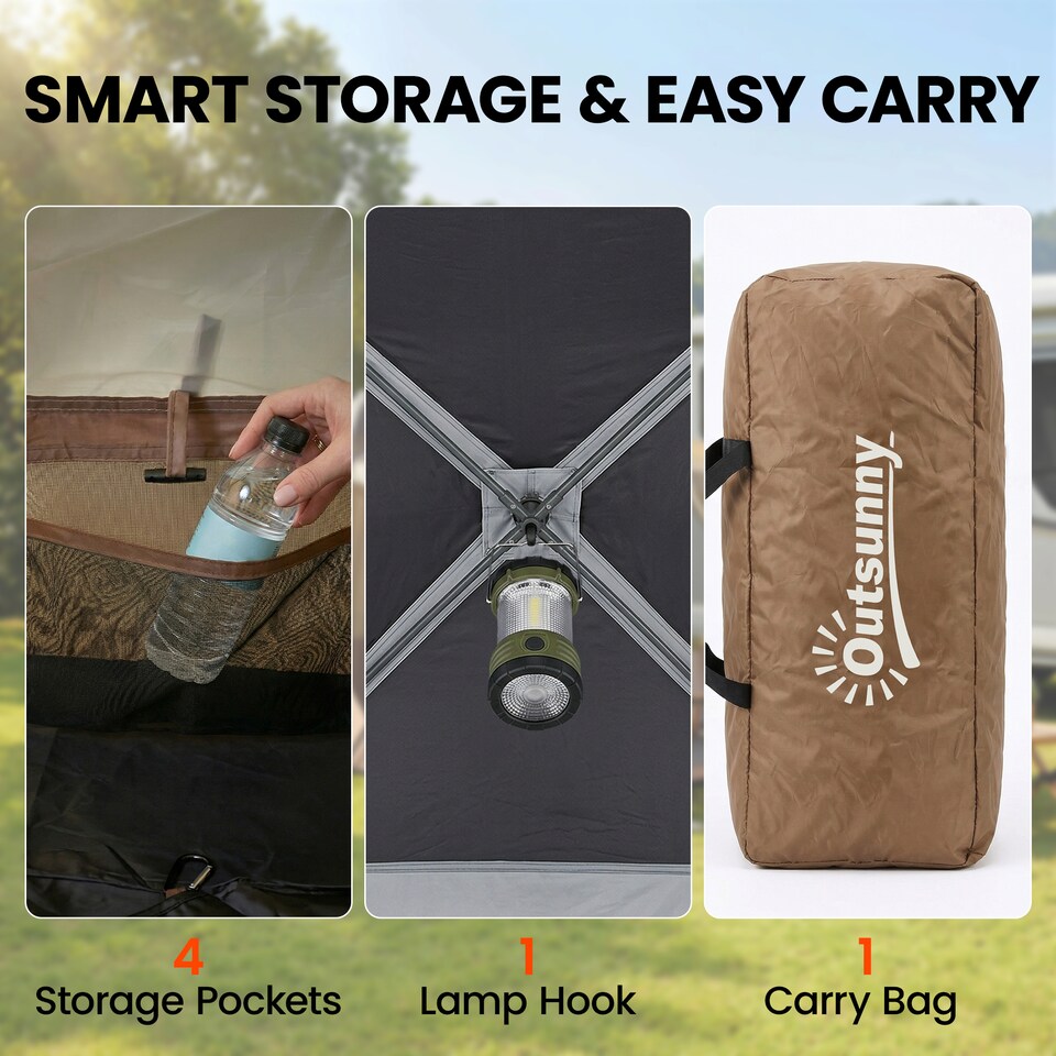 image 1 of Outsunny Camping Tent Waterproof for 4 Person Brown | Brown | 530 x 380 x 220 cm