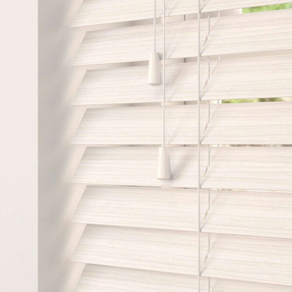 image 1 of 100cm White Oak Faux Wood Venetian Blinds with String (120cm Drop) | White | White
