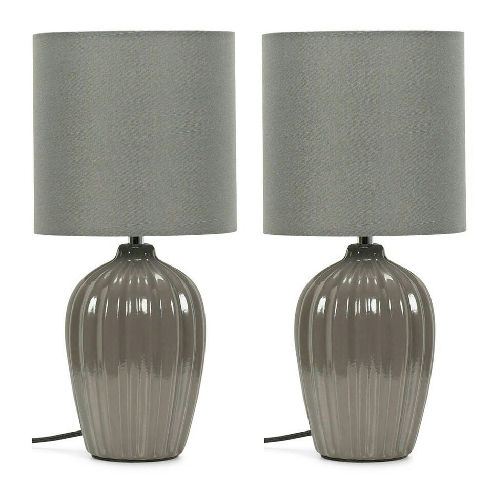 image 1 of ValueLights Carbone Pair of Grey Fluted Ceramic Bedside Table Lamps with a Fabric Lampshade
