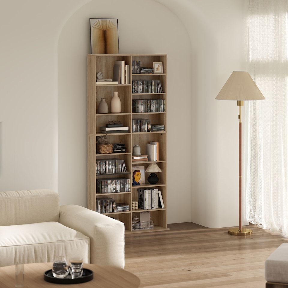 image 1 of HOMCOM 640 CD360 DVD Storage Unit, Blu-ray Media Storage Shelf with 18 Compartments and 14 Adjustable Shelves, CD Tower for Living Room, Bedroom, Office, Nature Wood Finish | Brown