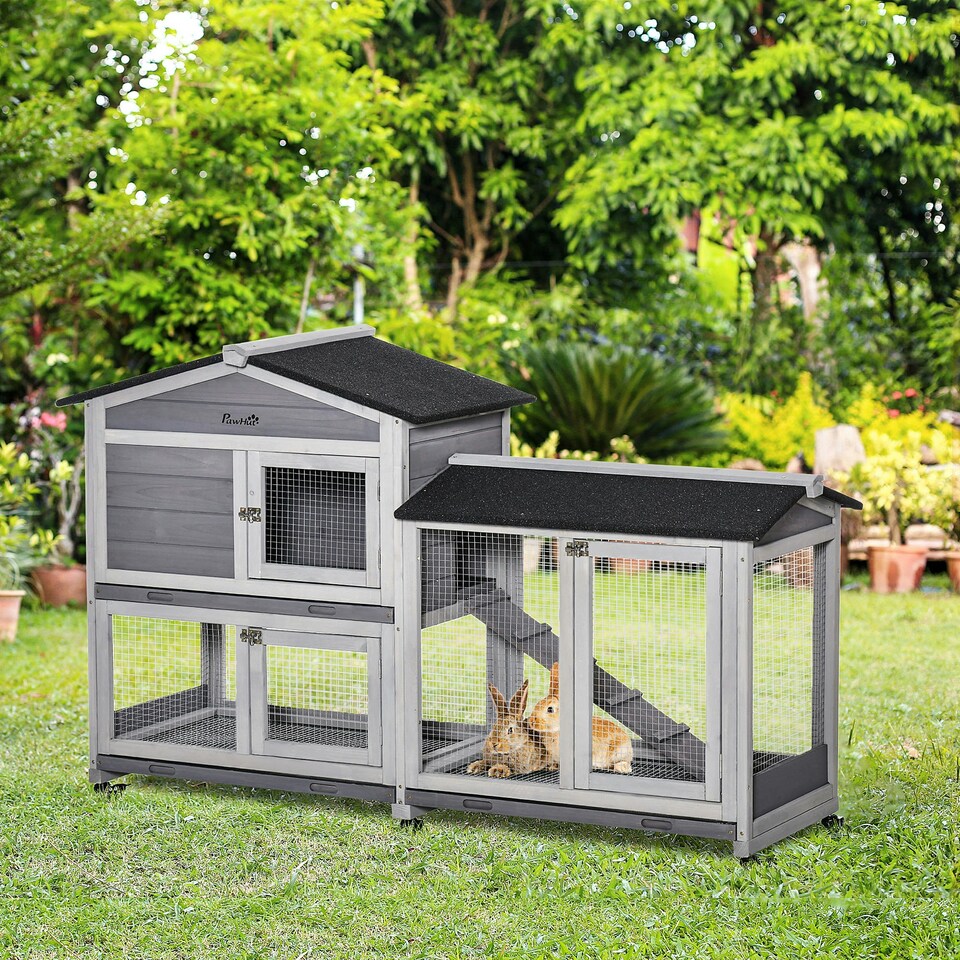 image 1 of PawHut Rabbit Hutch, Bunny Cage Outdoor 2-Tier w/ Wheels & Tray, Grey