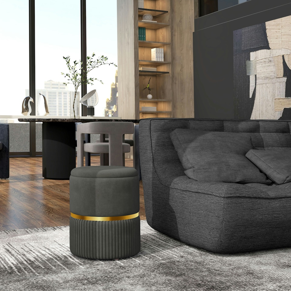 image 1 of HOMCOM Round Pouffe Storage Footstool with Cushioned Top Hidden Space Grey
