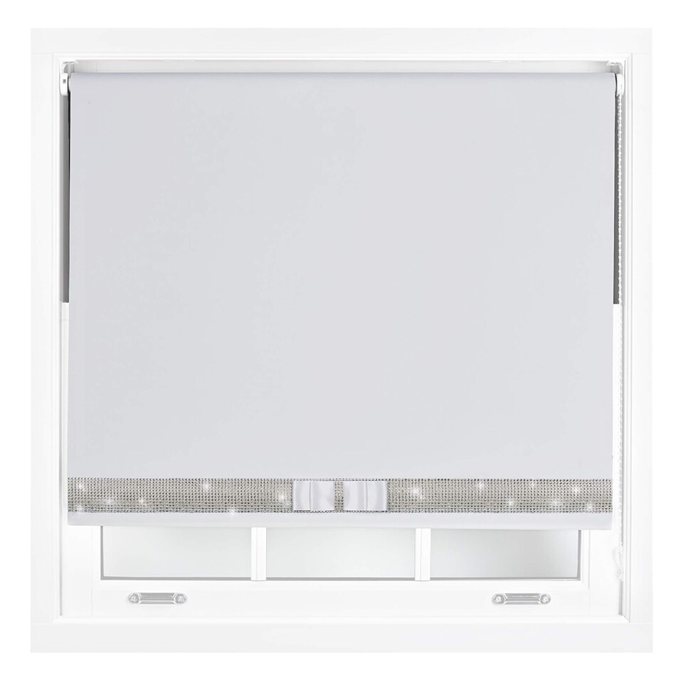 image 1 of FURNISHED Blackout Roller Blinds with Diamante Trim and Bow Cut to Size | White | White | (W) 180cm x (L) 165cm