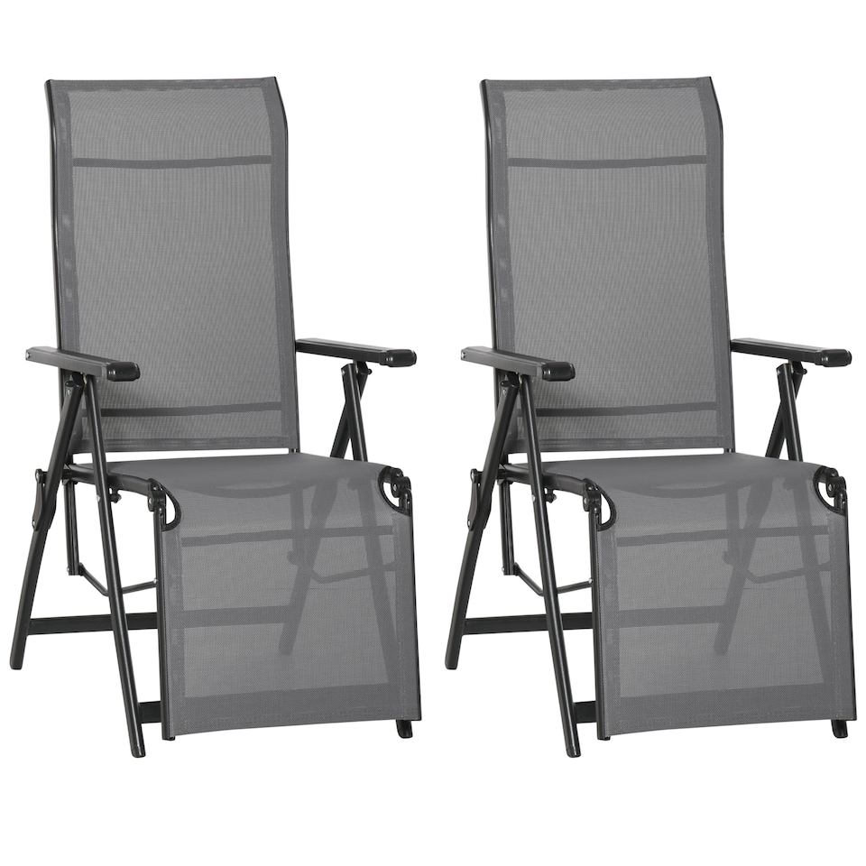 image 1 of Outdoor Reclining Garden Chair Set of 2, 10-Position Adjustable Folding Sun Lounger Zero Gravity Chairs with Texteline Seat, Armrests and Footrest for Patio, Grey
