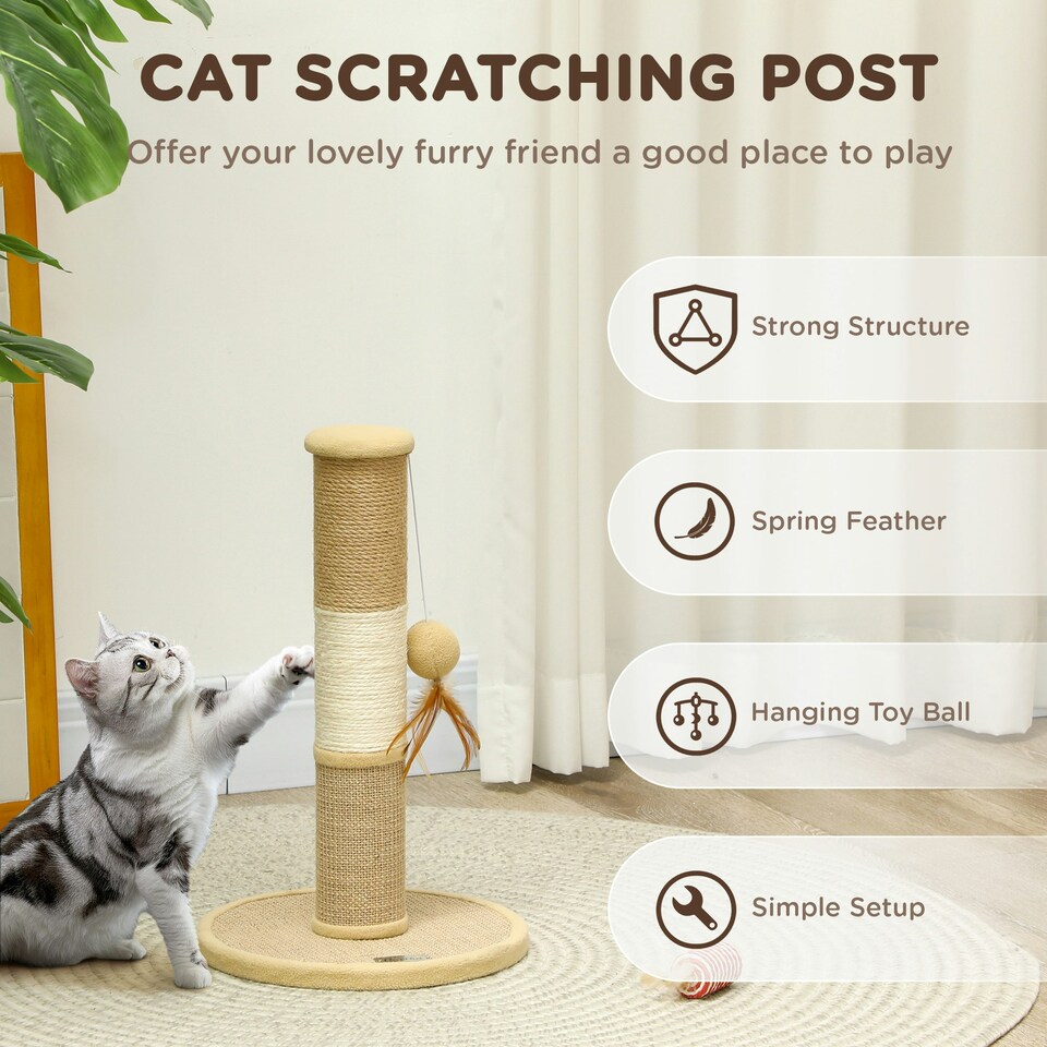 image 1 of PawHut Cat Scratching Post with Jute Sisal Rope Toy Ball, 47cm, Tall Brown
