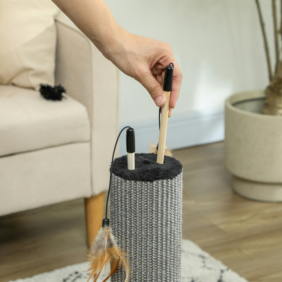 image 1 of PawHut Cat Scratch Post 2-in-1 with 3 Toy Feathers, 78cm Tall, Black
